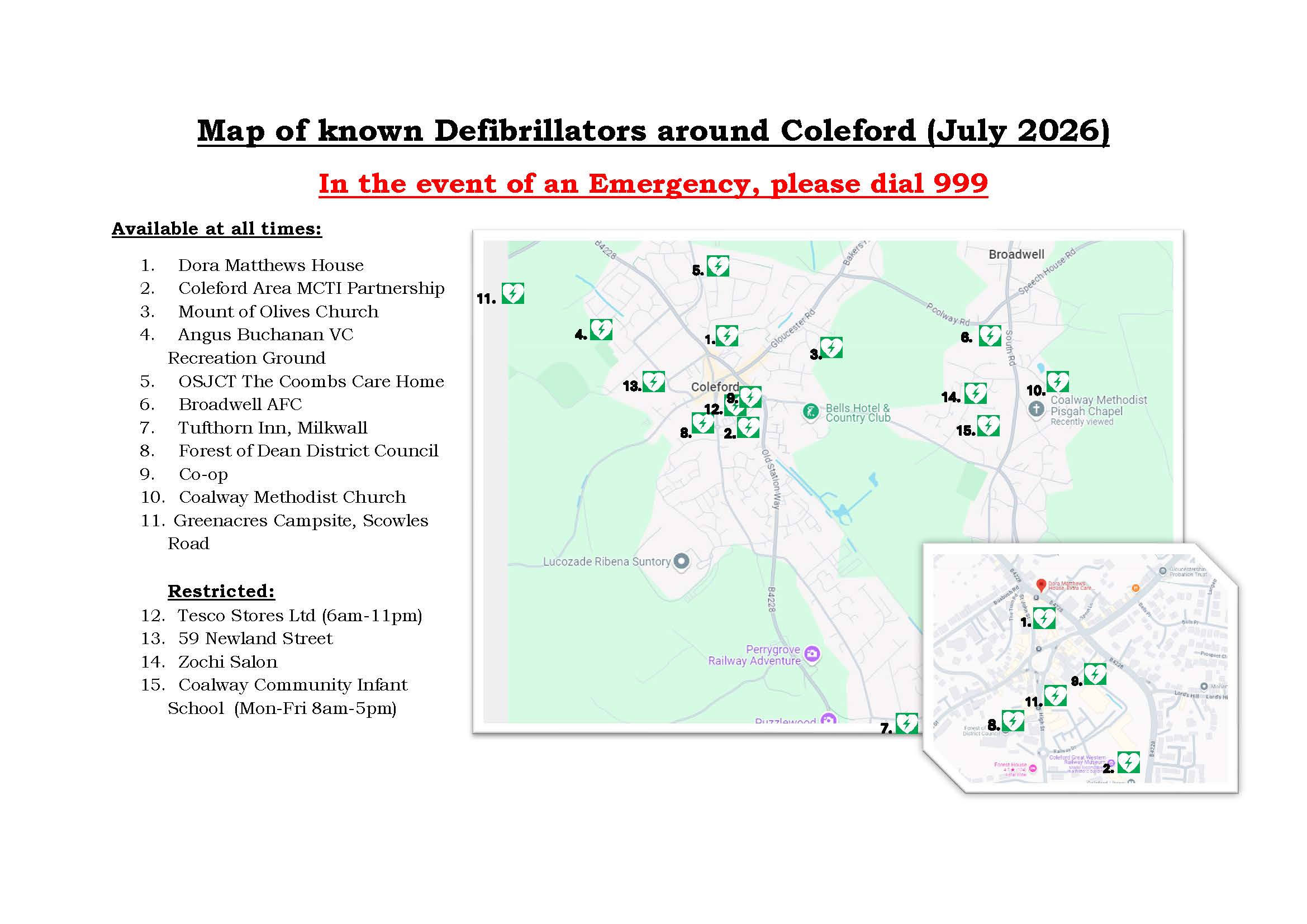 Map of known defibrillators around Coleford